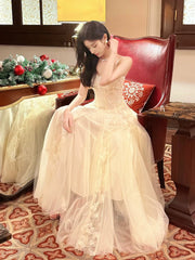 Modest French Style A Line Spaghetti Straps Tulle Lace Fashion Women Long Formal Outfits Prom Dresses N2104