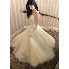 Modest French Style A Line Spaghetti Straps Tulle Lace Fashion Women Long Formal Outfits Prom Dresses N2104