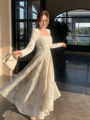 Classy A Line Square Neck White With Long Sleeves Satin For Women Girls Teens Prom Dresses N2185