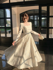 Classy A Line Square Neck White With Long Sleeves Satin For Women Girls Teens Prom Dresses N2185
