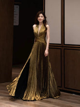 Simple Prom Dresses A Line Halter Sleeveless Slit With Pleated Long Formal Dress N3165