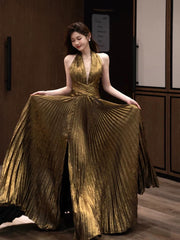 Simple Prom Dresses A Line Halter Sleeveless Slit With Pleated Long Formal Dress N3165