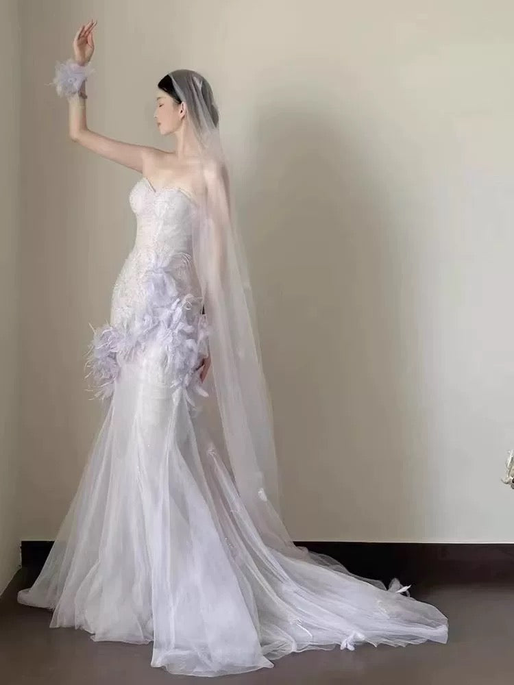 Simple Prom Dresses Mermaid Sweetheart Lilac Tulle With Feathers Formal Dress N3167