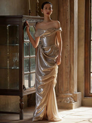 Modest Prom Dresses Mermaid Off The Shoulder Gold Sequin Floor Length Formal Evening Outfits N3499