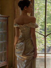 Modest Prom Dresses Mermaid Off The Shoulder Gold Sequin Floor Length Formal Evening Outfits N3499