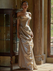 Modest Prom Dresses Mermaid Off The Shoulder Gold Sequin Floor Length Formal Evening Outfits N3499