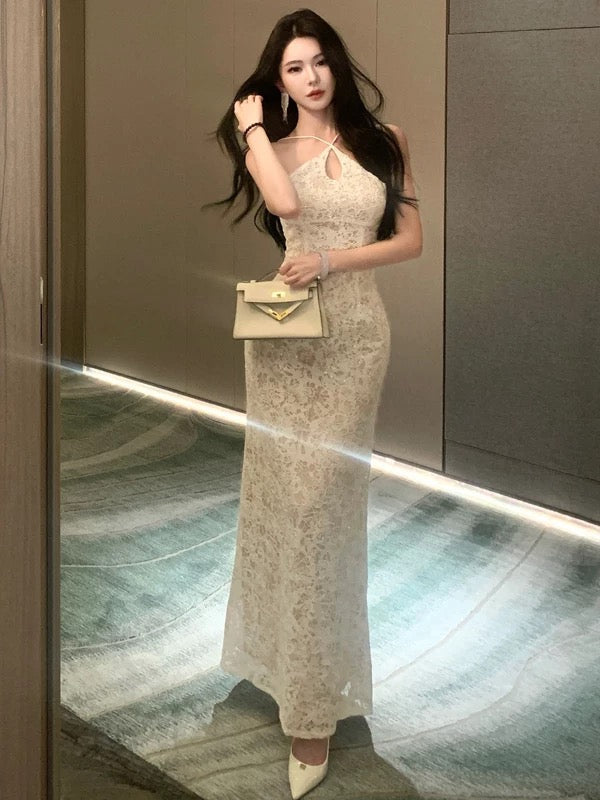 Pretty Prom Dresses Mermaid White Lace Evening Gown Formal Semi Long Formal Dress N3990