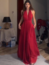 Simple Prom Dresses A line Halter Red Chiffon Backless Evening Gown Formal Semi Long Formal Dress N3992