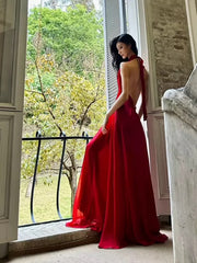 Simple Prom Dresses A line Halter Red Chiffon Backless Evening Gown Formal Semi Long Formal Dress N3992