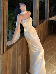 Simple Prom Dresses Sheath Strapless White Satin With Scarf Evening Gown Formal Long Formal Dress N3996