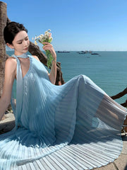 Simple Prom Dresses A Line Blue Chiffon Evening Gown Formal With Pleated Formal Dress N4003