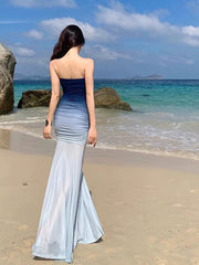 Simple Prom Dresses Mermaid Sweetheart Gradient Blue Color Chiffon Evening Gown Formal Formal Dress N4012