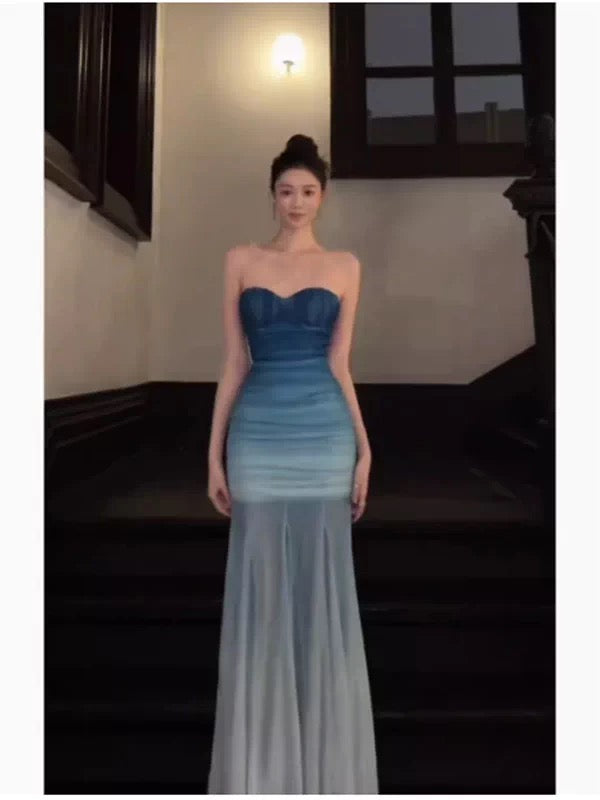 Simple Prom Dresses Mermaid Sweetheart Gradient Blue Color Chiffon Evening Gown Formal Formal Dress N4012