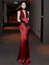 Glitter Prom Dresses Mermaid Halter Burgundy Deep V Neck Backless Evening Gown Formal Dress N4016