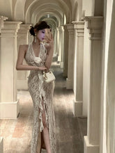 Classy Prom Dresses Mermaid Halter Sleeveless White Lace Evening Gown Formal Dress N4025