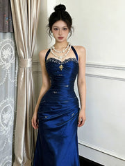Modest Mermaid Halter Burgundy Satin Long Prom Dresses Graduation Dance Evening Outfits N529