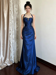 Modest Mermaid Halter Burgundy Satin Long Prom Dresses Graduation Dance Evening Outfits N529