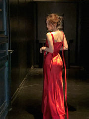 Elegant Mermaid Spaghetti Straps Red Satin Sleeveless Long Prom Dresses 16th Nigh Party Birthday Outfits AB2437