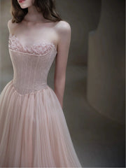 Classy A line Strapless Light Pink Tulle Long Formal Prom Dresses Dance Night Outfits Party Gowns AB2199