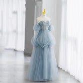Modest Ball Gown Off The Shoulder Dusty Blue Tulle Prom Dresses Inspiration Long Party Night Evening Dress 20th Birthday Outfits AB2331
