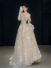 Cute A line Off The Shoulder With Cap Sleeves Sequins Champagne Long Formal Prom Dresses Dance Night Outfits Party Gowns AB2202