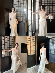 Elegant Mermaid Spaghetti Straps Lace Chiffon Ankle Length Prom Dresses 16th Nigh Party Birthday Outfits AB2420