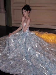 Luxury Ball Gown Strapless Light Blue Sequins With Beads Prom Dresses Inspiration Long Party Night Gowns 20th Birthday Outfits AB2234