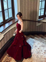 Modest Mermaid Spaghetti Straps Burgundy Velvet Long Prom Dresses Wedding Guest Dress 20th Birthday Outfits AB2485