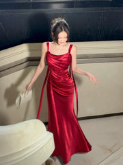 Elegant Mermaid Spaghetti Straps Red Satin Sleeveless Long Prom Dresses 16th Nigh Party Birthday Outfits AB2437