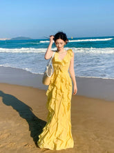 Elegant A line V Neckline Chiffon Yellow Layered Prom Dresses Long 16th Nigh Party Birthday Outfits AB2413