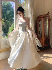 Modest A line Spaghetti Straps Ivory Satin Prom Dresses Wedding Guest Dress 20th Party Birthday Outfits AB2431