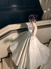 Elegant A line Square Neck Floral Satin Ankle Length With Silver Beaded Prom Dresses 16th Nigh Party Birthday Outfits AB2418