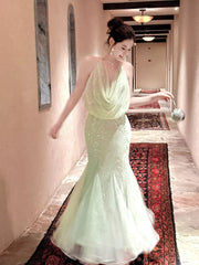 Sexy Mermaid Halter Mint Green Sequins Ankle Length Prom Dresses Wedding Guest Dress 20th Birthday Outfits AB2479