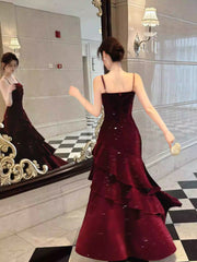 Modest Mermaid Spaghetti Straps Burgundy Velvet Long Prom Dresses Wedding Guest Dress 20th Birthday Outfits AB2485