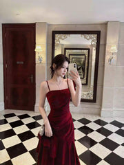 Modest Mermaid Spaghetti Straps Burgundy Velvet Long Prom Dresses Wedding Guest Dress 20th Birthday Outfits AB2485