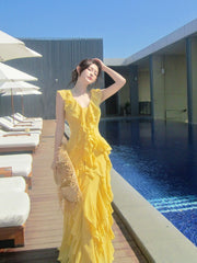 Elegant A line V Neckline Chiffon Yellow Layered Prom Dresses Long 16th Nigh Party Birthday Outfits AB2413