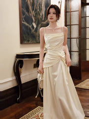 Sexy A line Spaghetti Straps Ivory Satin Long Prom Dresses Wedding Guest Dress 20th Birthday Outfits AB2480