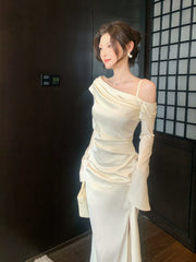 Elegant Mermaid Off The Shoulder White Silky Satin Ankle Length Prom Dresses 16th Nigh Party Birthday Outfits AB2430