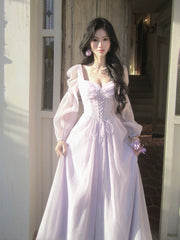 Modest A line Sweetheart Lilac Chiffon Ankle Length Long Sleeves Prom Dresses Wedding Guest Dress 20th Party Birthday Outfits AB2439