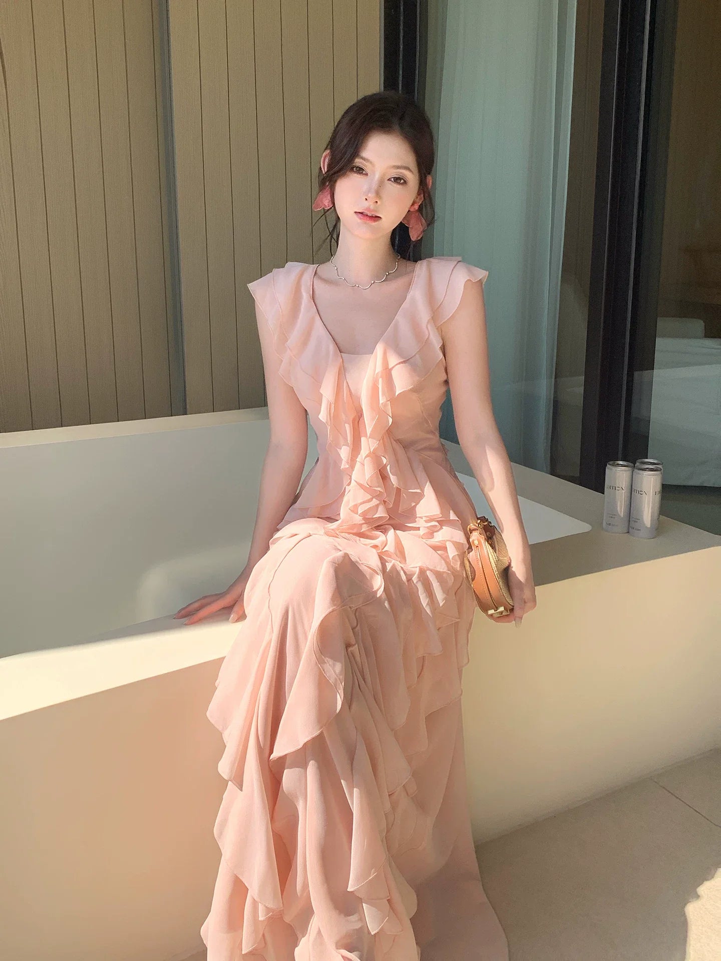 Simple A line V Neckline Chiffon Coral Pink Prom Dresses Long 16th Birthday Outfits AB2412