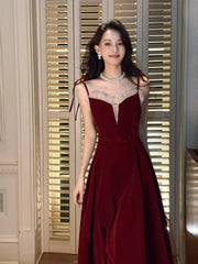 Modest A Line Spaghetti Straps Burgundy Long Prom Dresses Wedding Guest Dress 20th Birthday Outfits AB2487