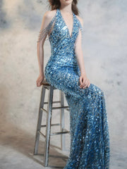 Modest Mermaid V Neck Blue Sequins Prom Dresses Inspiration Long Party Night Evening Dress 20th Birthday Outfits AB2338