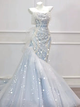 Modest Mermaid Off The Shoulder Tulle Blue With Pearls Prom Dresses Inspiration Long Party Evening Dress 21st Birthday Outfits AB2289
