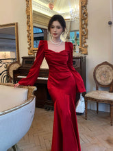 Modest Mermaid Square Neck Red Satin Long Sleeves Prom Dresses Wedding Guest Dress Birthday Outfits AB2445