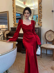 Modest Mermaid Square Neck Red Satin Long Sleeves Prom Dresses Wedding Guest Dress Birthday Outfits AB2445