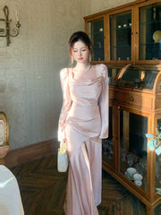 Modest Mermaid Square Neck Pink Satin Long Sleeves Prom Dresses Wedding Guest Dress 16th Birthday Outfits AB2446