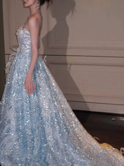 Luxury Ball Gown Strapless Light Blue Sequins With Beads Prom Dresses Inspiration Long Party Night Gowns 20th Birthday Outfits AB2234
