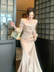 Elegant Mermaid Square Neck Pink Silky Satin Ankle Length Prom Dresses 16th Nigh Party Birthday Outfits AB2432