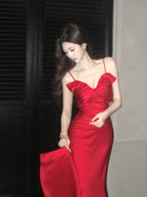 Elegant Mermaid Spaghetti Straps Red Satin Ankle Length Prom Dresses 17th Nigh Party Birthday Outfits AB2459