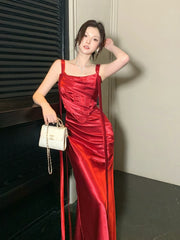 Elegant Mermaid Spaghetti Straps Red Satin Sleeveless Long Prom Dresses 16th Nigh Party Birthday Outfits AB2437